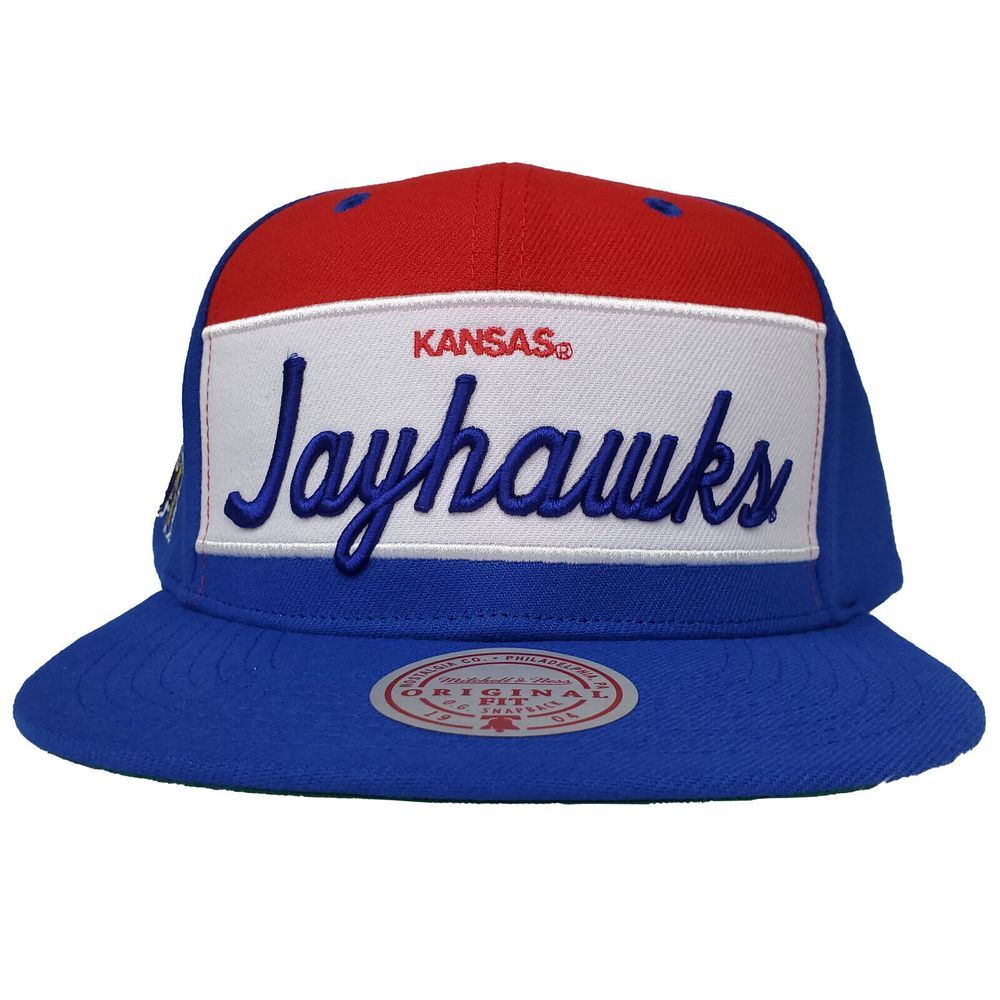 Kansas Jayhawks Mitchell & Ness NCAA Snapback Hat Cap Script 3D Logo Blue‎ NWT